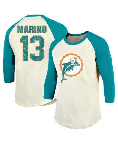 Majestic Men's Dan Marino Cream/aqua Miami Dolphins Retired Player Name Number 3/4 Raglan Sleeve T-shirt In Cream,aqua