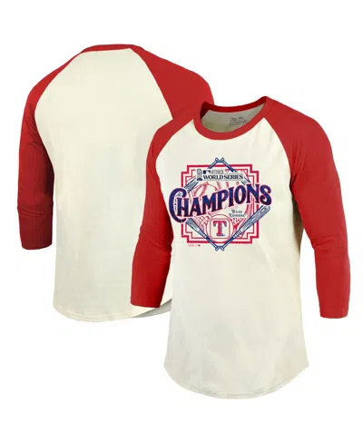Majestic Men's  Threads Cream, Red Distressed Texas Rangers 2023 World Series Champions Raglan 3/4-sl In Cream,red
