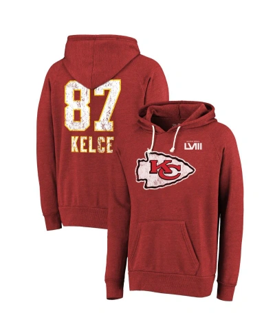 Majestic Men's  Threads Travis Kelce Red Distressed Kansas City Chiefs Super Bowl Lviii Player Name A