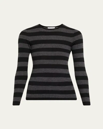 Majestic Merino Superfine Striped Rib Knit Sweater In Multi