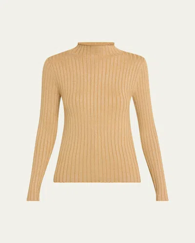Majestic Metallic Long Sleeve Rib Mock-neck Top In Metal Bronze