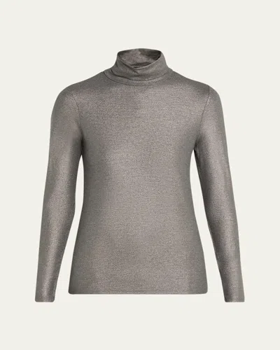 Majestic Metallic Long-sleeve Turtleneck Top In Gray