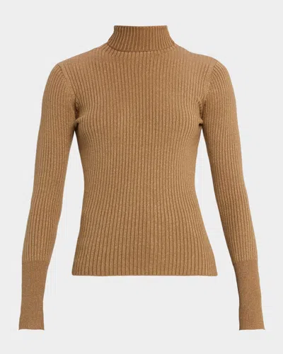Majestic Metallic Rib Knit Turtleneck In Brown