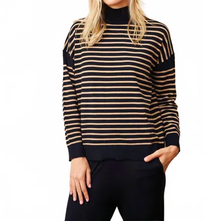 Majestic Organic Cotton Knit Stretch Striped Mock Neck Top In Noir/ Camel In Brown
