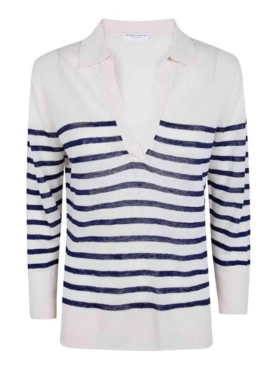 Majestic Oversized Linen 100 Stripes Polo Shirt In White