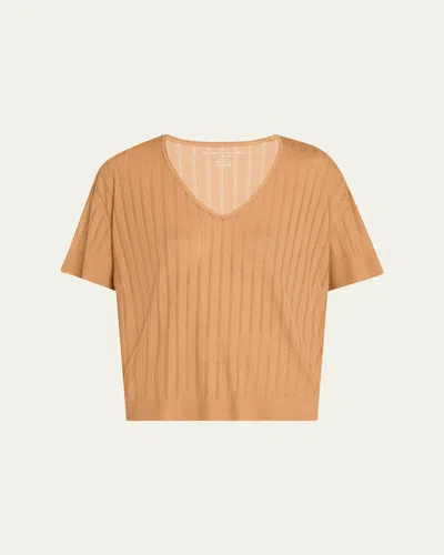 Majestic Pointelle V-neck Rib Knit Top
