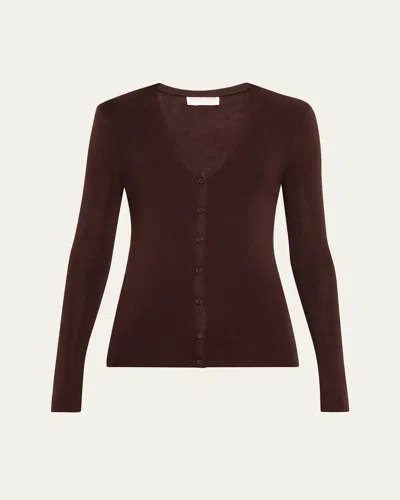 Majestic Rib Knit Merino Wool-silk Cardigan In Brown