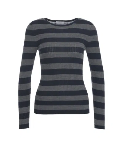 MAJESTIC RIBBED KNIT PULLOVER WITH CLASSIC ROUND NECKLINE IN SUBTLE GREY STRIPES