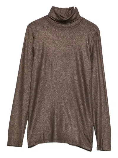 Majestic Fitted Brown Turtleneck Sweater With Subtle Shimmer