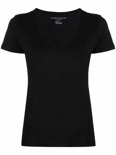 Majestic Scoop Neck Linen-blend T-shirt In Black
