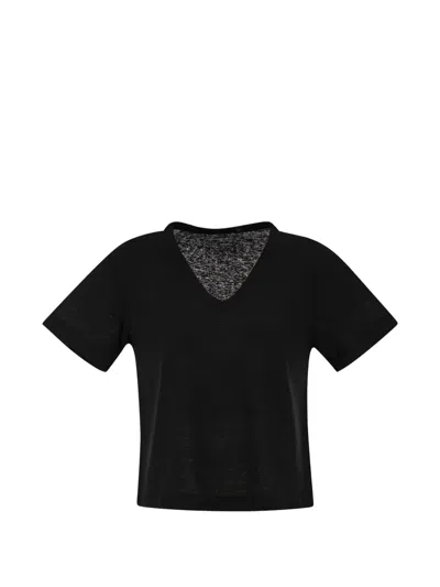 Majestic Stretch Linen T-shirt With V-neck In Black