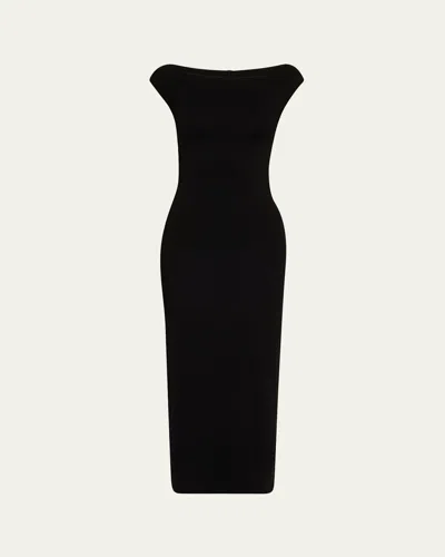 Majestic Soft Touch Bateau-neck Bodycon Midi Dress In Black