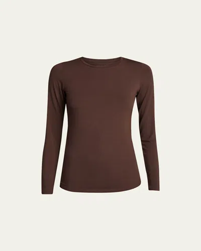 Majestic Soft Touch Flat-edge Long-sleeve Crewneck Top In Coffee