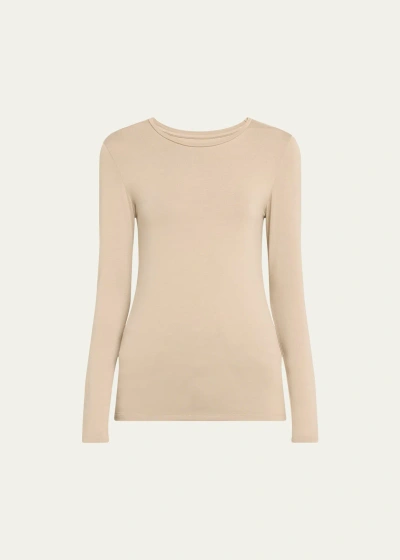 Majestic Soft Touch Flat-edge Long-sleeve Crewneck Top In Desert