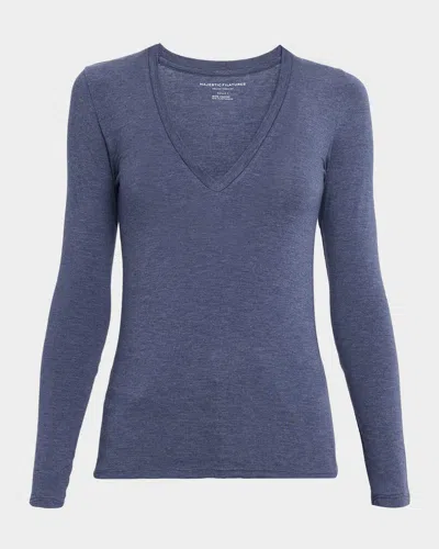 Majestic Soft Touch Long-sleeve V-neck T-shirt In Blue