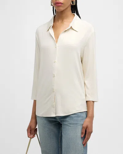 Majestic Soft Touch Metallic Button-front Shirt With Side Slits In Blanc