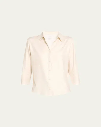 Majestic Soft Touch Metallic Button-front Shirt With Side Slits In White