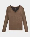 Majestic Soft Touch Metallic Knit Pullover Top In Brown