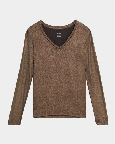 Majestic Soft Touch Metallic Knit Pullover Top In Brown