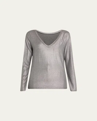 Majestic Soft Touch Metallic Long-sleeve V-back T-shirt In Anthracite Chine