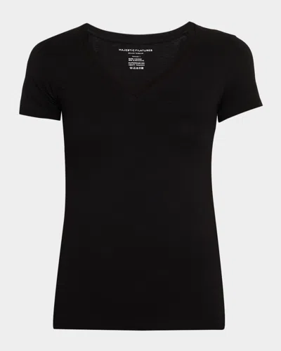 Majestic Soft Touch Short-sleeve V-neck Top In Black