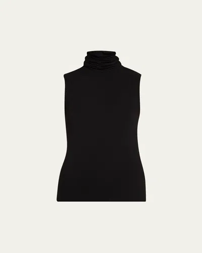 Majestic Soft Touch Viscose Sleeveless Turtleneck Top In Black