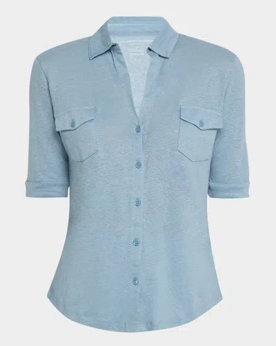 Majestic Stretch Linen 3/4-sleeve Pocket Shirt In Blue