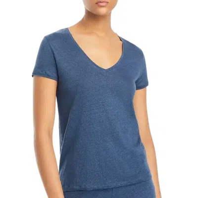 Majestic Stretch Linen Short Sleeve Semi Relaxed V-neck Tee In Bleu Taormina In Blue