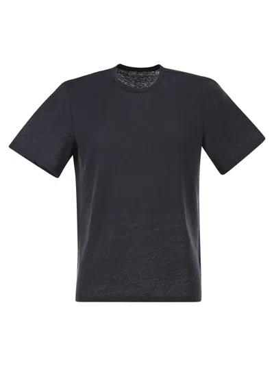 Majestic Stretch Linen T-shirt With Round Neckline In Blue