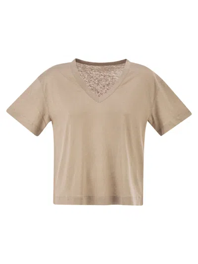 Majestic Stretch Linen T Shirt With V Neck In Neutral