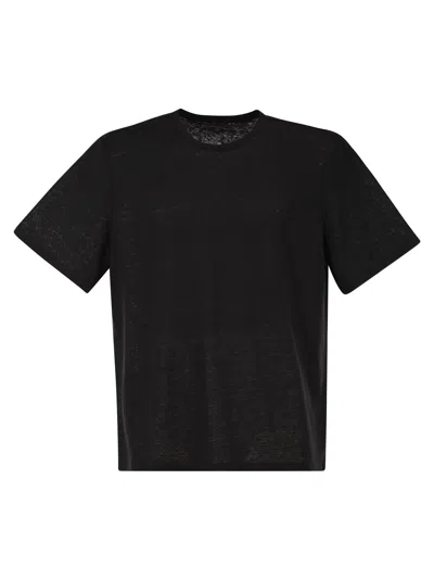 Majestic Stretch Linen T-shirt With Round Neckline In Black