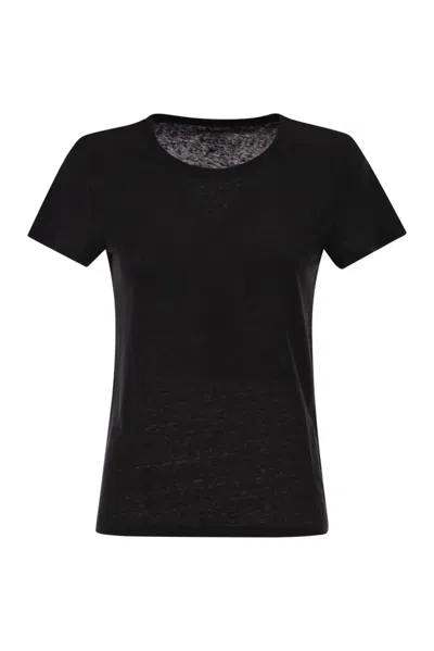 Majestic Stretch Linen T-shirt With Round Neckline In Black