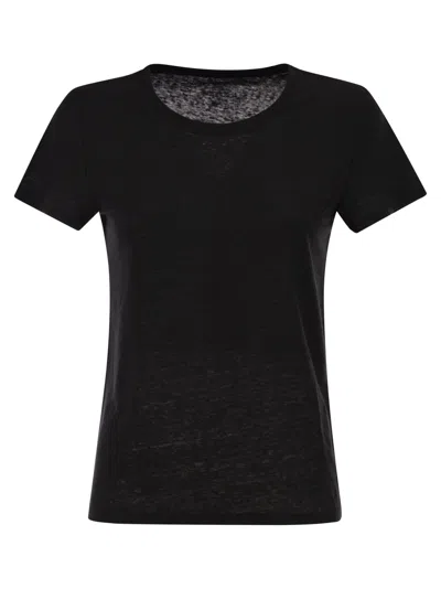 Majestic Stretch Linen T-shirt With Round Neckline In Black