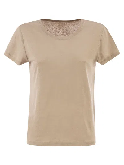 Majestic Stretch Linen T-shirt With Round Neckline In Brown