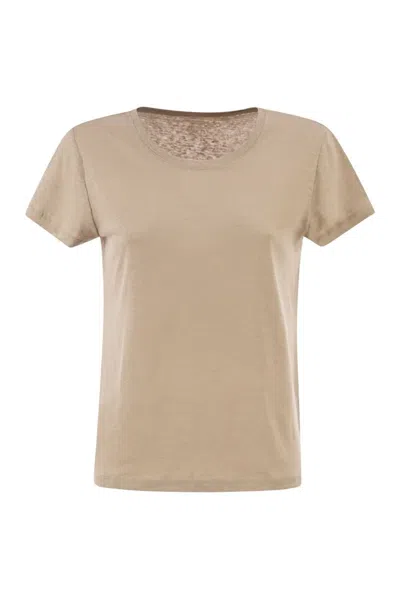Majestic Stretch Linen T-shirt With Round Neckline In Neutral
