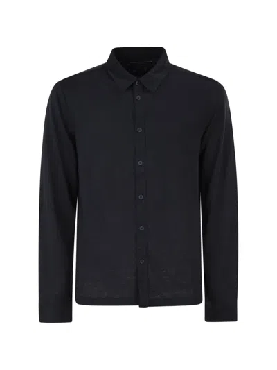 Majestic Blue Linen Long-sleeved Shirt With Classic Collar In Black