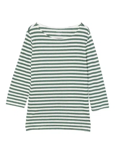 Majestic Filatures Stretch Linen Stripe Three Quarter Sleeve Boatneck T-shirt In Black