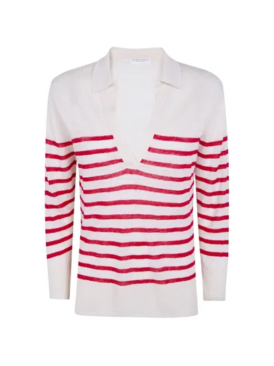 Majestic Striped V-neck Sweater In White