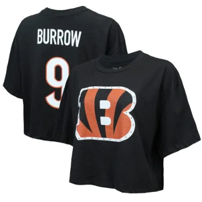 Majestic Threads Joe Burrow Black Cincinnati Bengals Swarovski Crystals Boxy Cropped Name & Number T