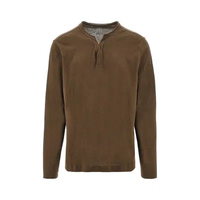 Majestic Tunisian Collar Linen Blend T-shirt In Brown