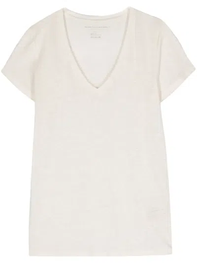 Majestic V-neck Linen-blend T-shirt In Beige