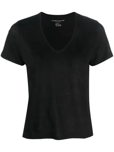 Majestic V-neck Linen T-shirt In Black