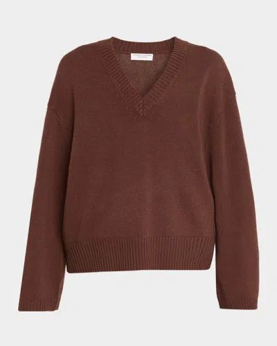 Majestic V-neck Relaxed Merino Wool Sweater In Brown
