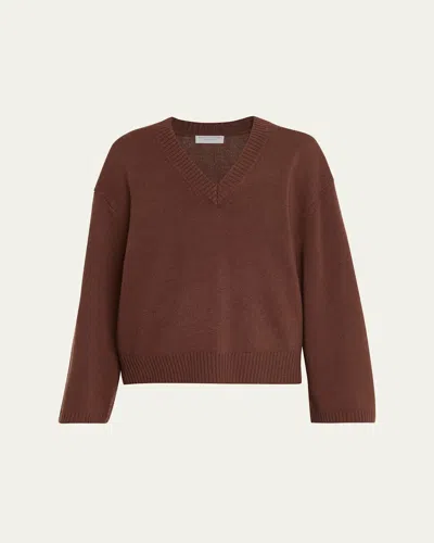 Majestic V-neck Relaxed Merino Wool Sweater In Brown