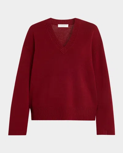 Majestic V-neck Relaxed Merino Wool Sweater In Red