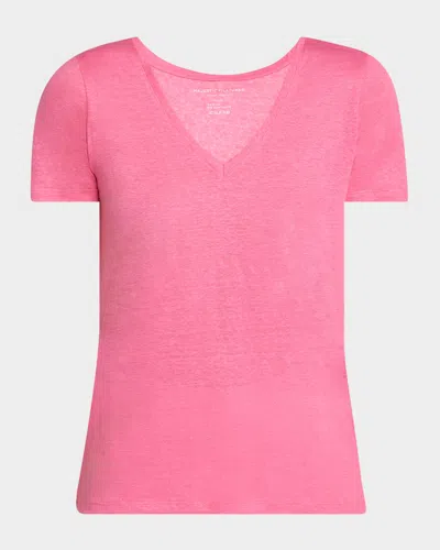 Majestic V-neck Short-sleeve Stretch Linen T-shirt In Candy Pink