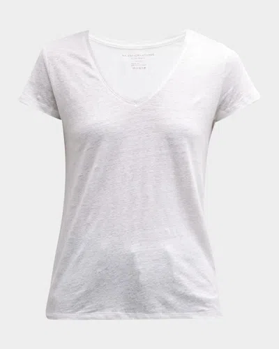 Majestic V-neck Short-sleeve Stretch Linen T-shirt In White