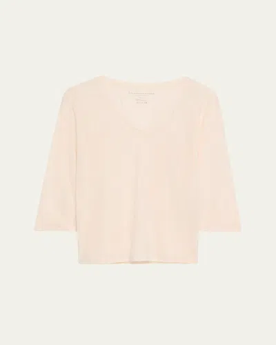 Majestic V-neck Stretch Linen Tee In Neutral