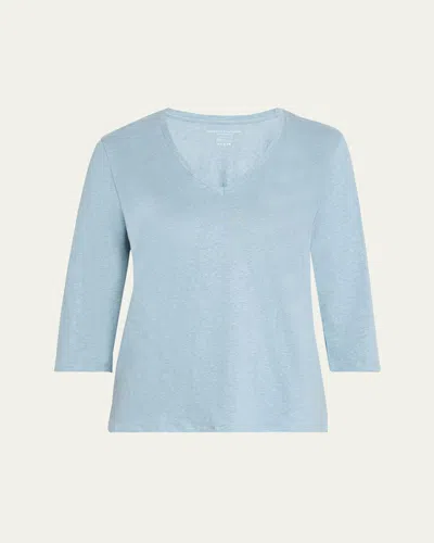 Majestic V-neck Stretch Linen Tee In Ocean