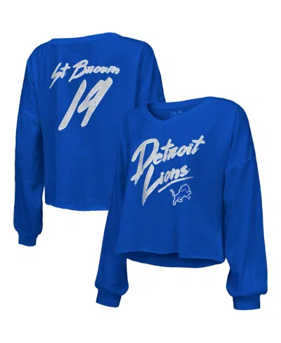Majestic Women's Amon-ra St. Brown Blue Detroit Lions Name Number Off-shoulder Script Cropped Long Sleeve V-n